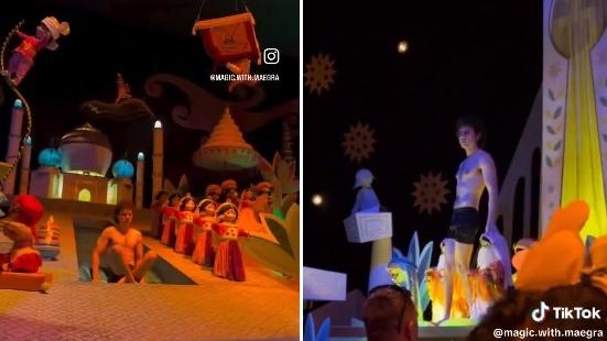 男子坐在布景感受一下，又爬上高處張望。(互聯網)