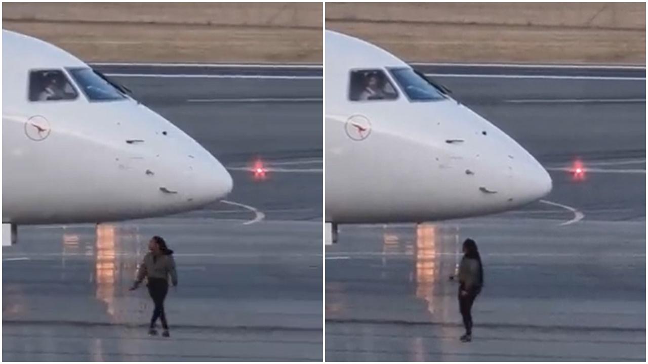 登機遲大到，悍婦闖停機坪肉身擋飛機。(X)