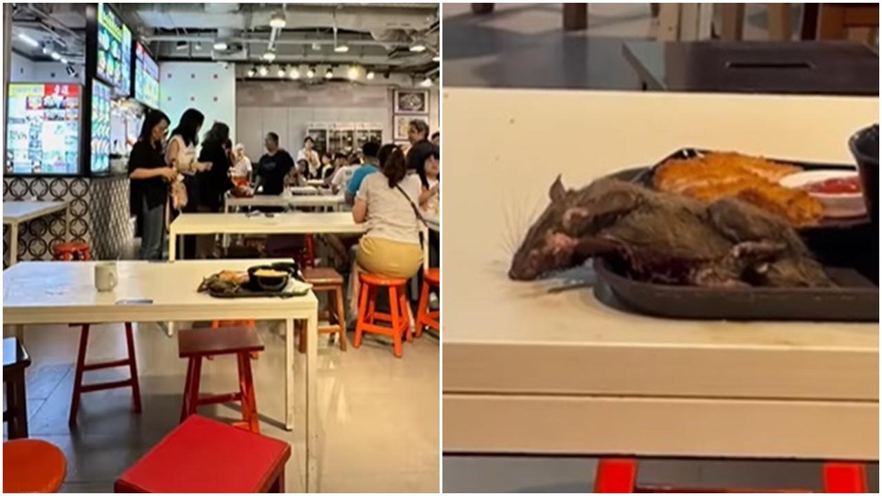 天降老鼠餐盤上垂死掙扎，惹美食廣場食客尖叫。(FB)