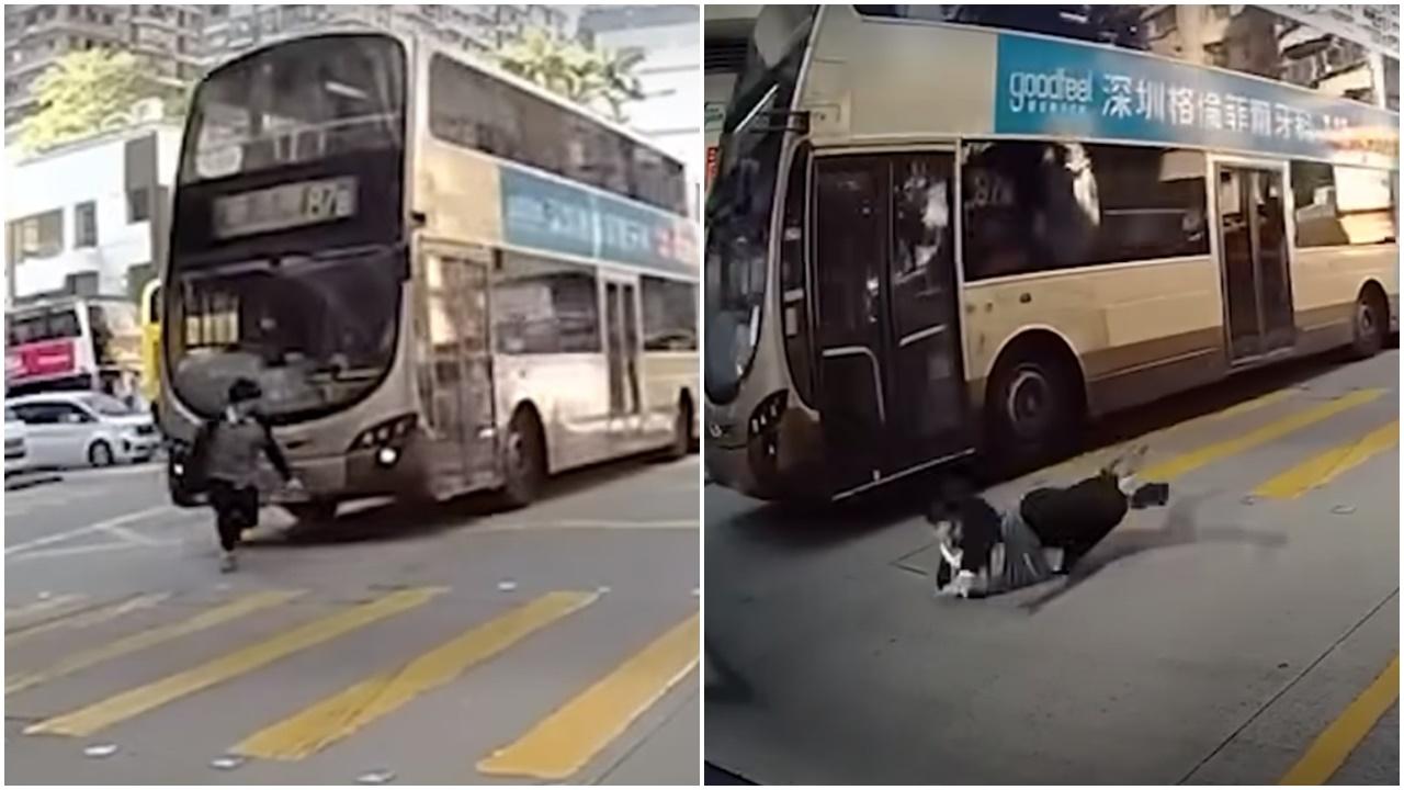 車Cam直擊｜上海街男子亂過馬路  遭巴士撞至滾地