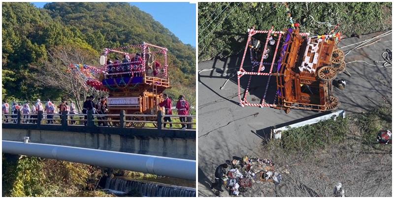 日本靜岡縣伊豆之國市今日(3日)早上有參加傳統祭典的彩飾花車發生意外，一名72歲男子死亡，另18人受傷，活動因意外取消。(網上圖片)