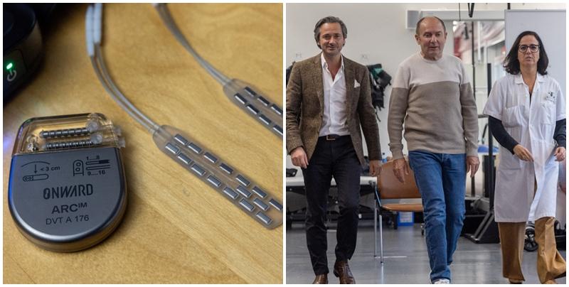 法國一名患了柏金遜症30年的晚期患者(右圖中)，在脊椎植入一個瑞士團隊設計的全新電極裝置後，恢復幾乎正常的步行能力(路透社)