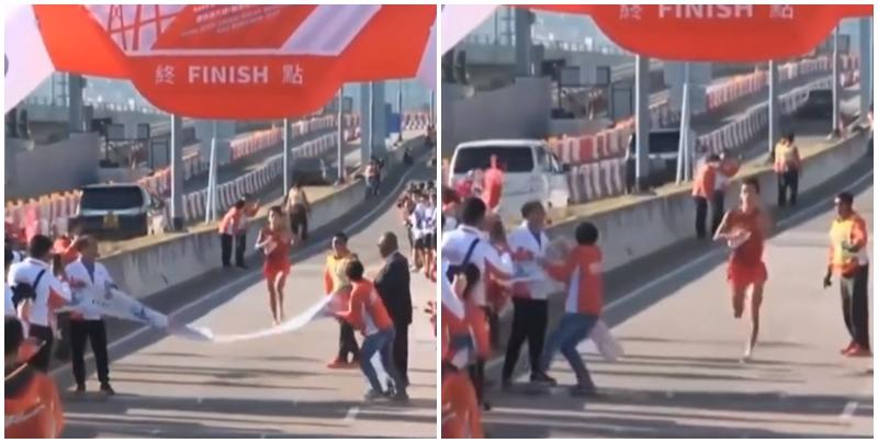 內地跑手謝冬生衝線時，衝線帶突被工作人員收走，隨後重新拉起橫幅讓第二名日本選手衝線。由於事件涉及中國、日本跑手，引起內地高度關注。(直播畫面)