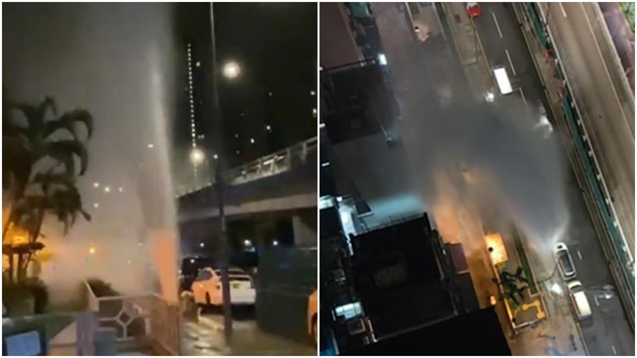 筲箕灣爆鹹水管衝開渠蓋，6層樓高水柱直噴半空。