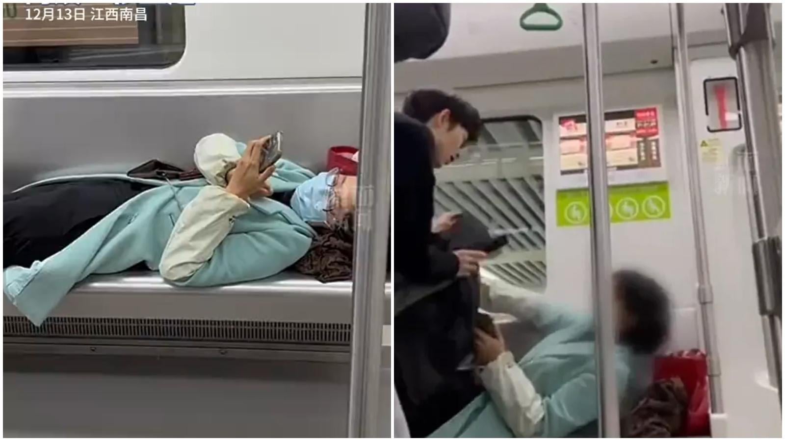 江西地鐵大媽躺平佔位滑手機　高EQ小鮮肉除外套上前「冚被」奇招勸籲