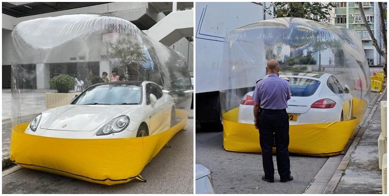 車主一度把車停在以鎖車速度快見稱的沙田第一城，由於連輪胎也包裹在内，令負責鎖車保安無計可施