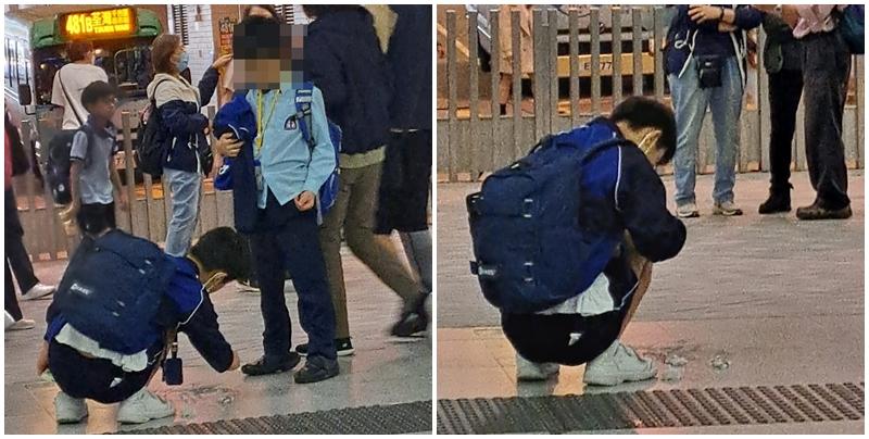 沙田一名街坊近日在小巴站目睹一名小學生不慎倒瀉水後，旁邊同學立即用紙巾抹乾地下，以免他人因而滑倒。(Go Go Shatin facebook群組)