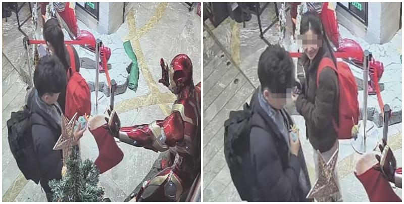 一對男女周六(23日)聖誕假期於大埔廣場一間燒烤放題餐廳晚膳離開期間，閉路電視拍得男方涉順手牽羊偷走一個小朋友送給放在店內的《鐵甲奇俠》機械人模型的聖誕禮物公仔。店方於facebook專頁公開二人樣貌及作案照片