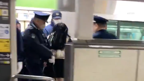 傷人的女子被帶離車廂。(影片截圖)