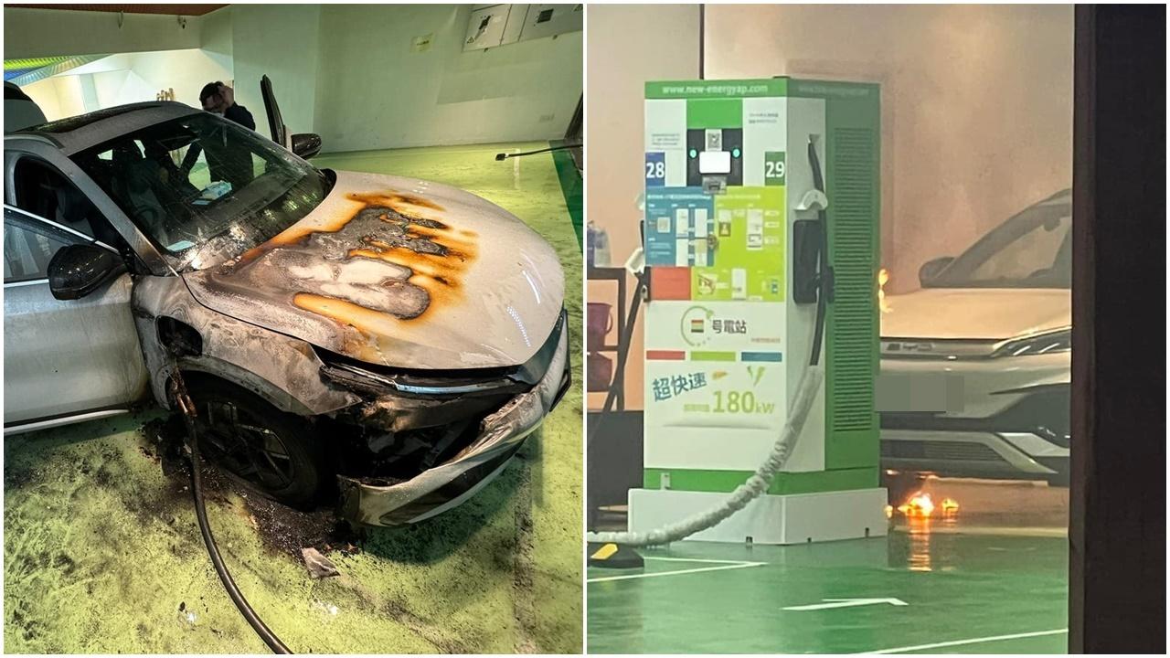 九龍灣電動車充電站有設備起火，比亞迪車頭嚴重燒毀。(MG@FB/電動車充電 L@FB)