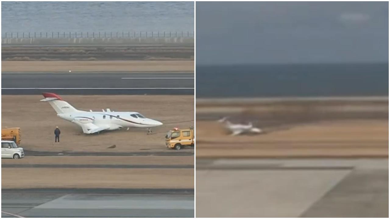 日本小型訓練飛機降落，衝出跑道180度甩尾。(X)