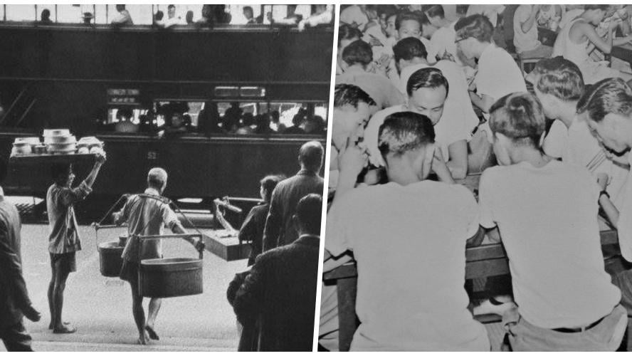 50至70年代香港打工包伙食 頭頂木盤、擔挑準時送上熱湯飯餸