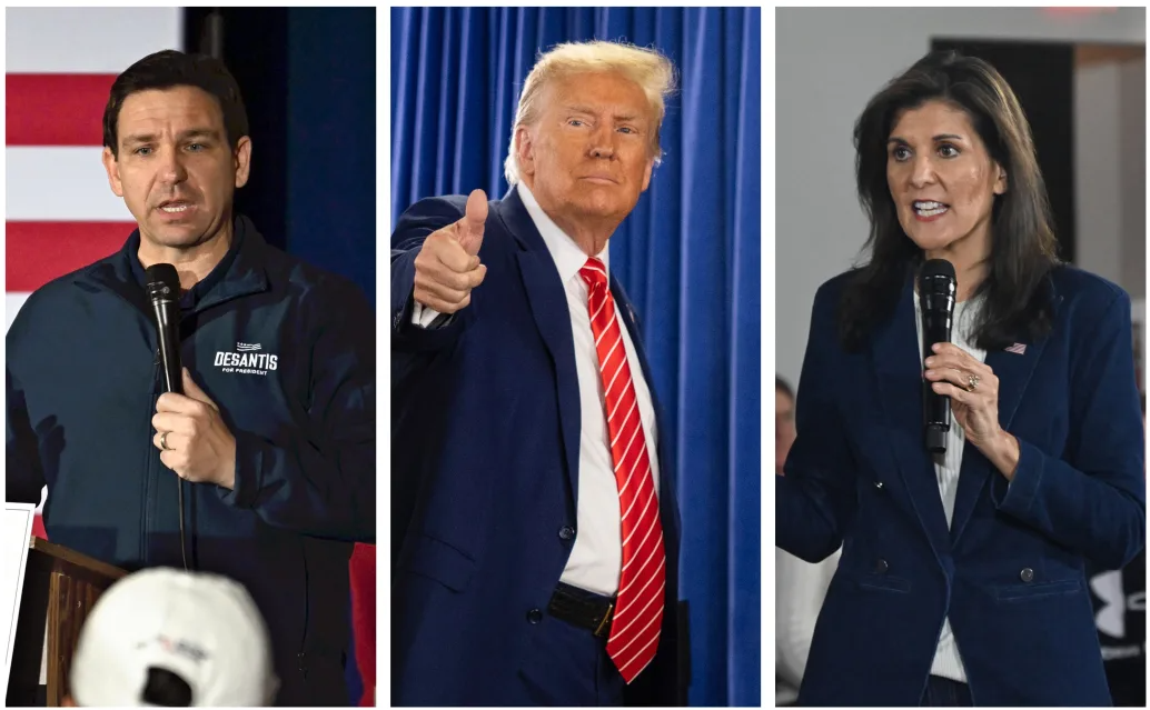 德桑蒂斯(左)宣布退選，並表明支持特朗普(中)再度爭取入主白宮。德桑蒂斯退出後，前聯合國大使黑利(右)成為特朗普的唯一主要對手，她表明會繼續競選活動。（資料圖片）