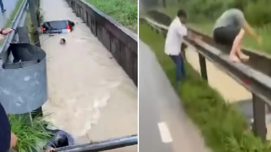 女司機載埋朋友去油站 連人帶車衝落河 幸得勇男跳河相救(有片)