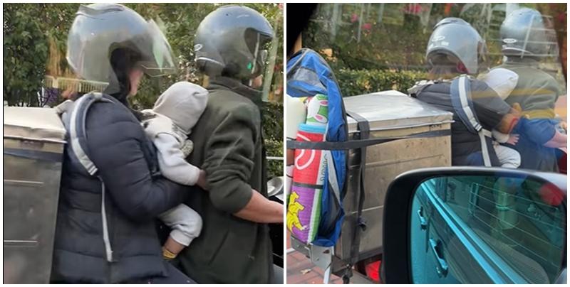 網上流傳一段短片，一名男司機駕駛電單車載一名女子，夾在兩人中間是一名嬰兒，兩名成人均戴有頭盔，惟嬰孩卻無任何保護裝備。