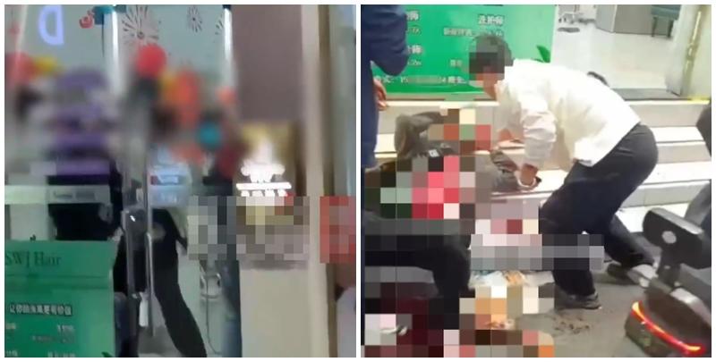 網傳現場畫面顯示，多人曾在店內扭打在一起，之後被捅男子捂臉側躺在台階上，其上衣疑有大片血漬，附近地面亦血漬斑斑，旁邊有人打電話求助。