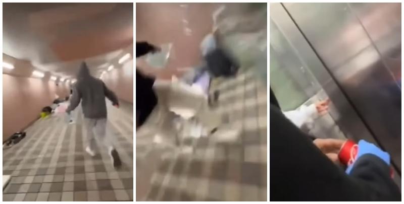 社交平台流傳影片，可見3男1女年輕人於鄰近跑馬地馬場的行人隧道內，向正在休息的露宿者淋潑清水及可樂，有露宿者「中招」後驚呼。涉事一行人其後跑往隧道的升降機內逃走，其間各人在譏笑及粗言穢語。（影片截圖）
