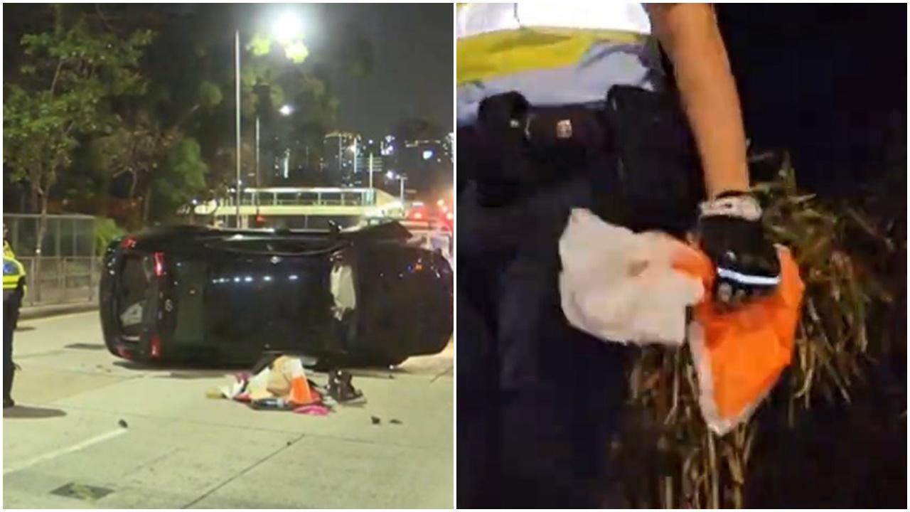 九龍塘凌志自炒翻側，3人丟可疑品逃逸，警檢川貝枇杷膏。(電視截圖)