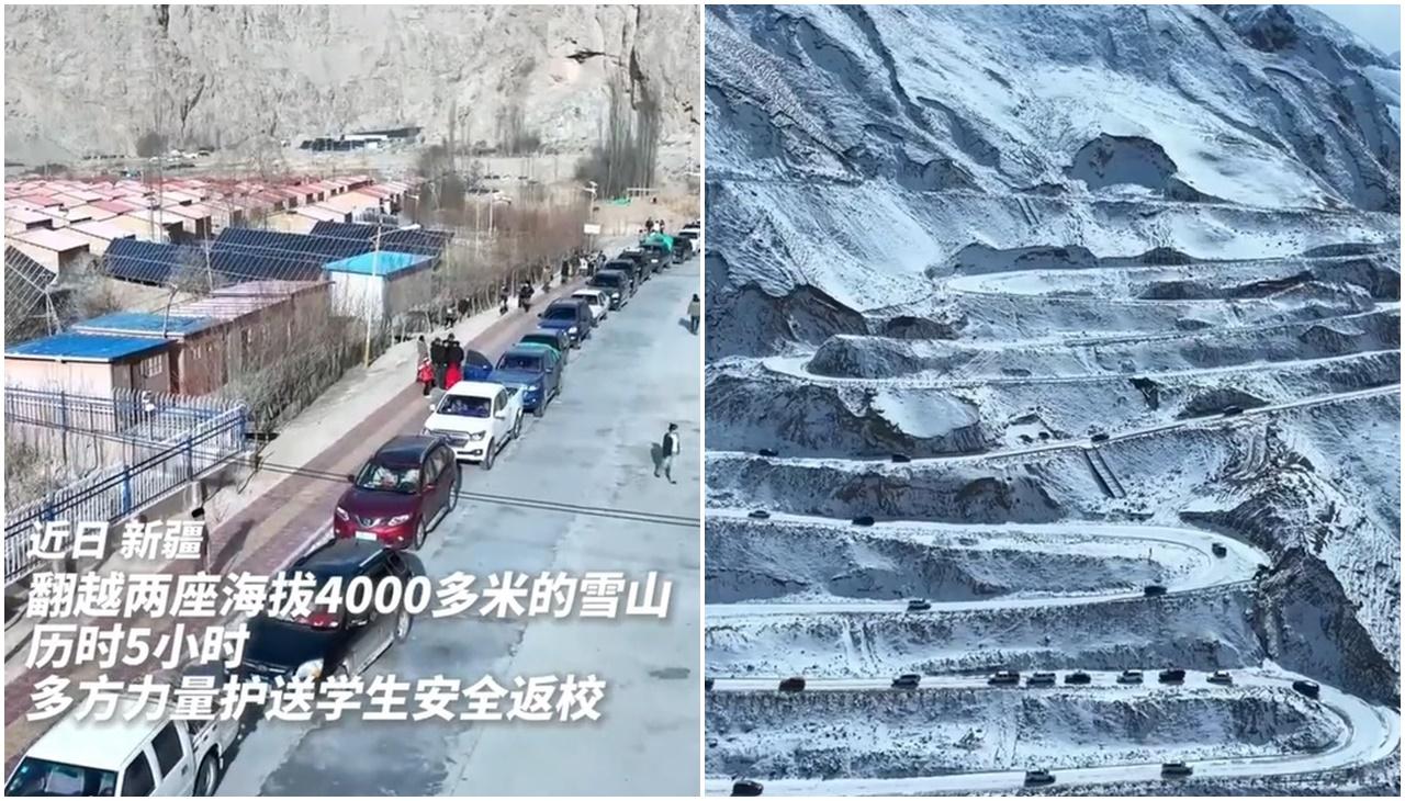 新疆村民組45輛車車隊，翻山越嶺護送165名學生返學。（微博）