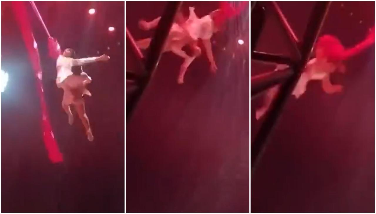 馬戲團2雜技員半空倒豎蔥墜地，13歲女童骨折。(微博)