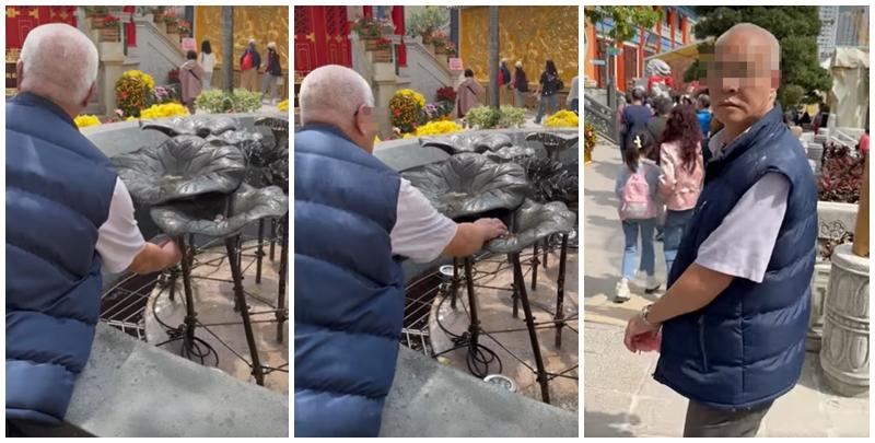 網上流傳影片，一名四眼白髮老翁在黃大仙的「玉液池」假扮洗手，趁機撿走善信許願的錢幣。facebook群組「黃大仙區友」
