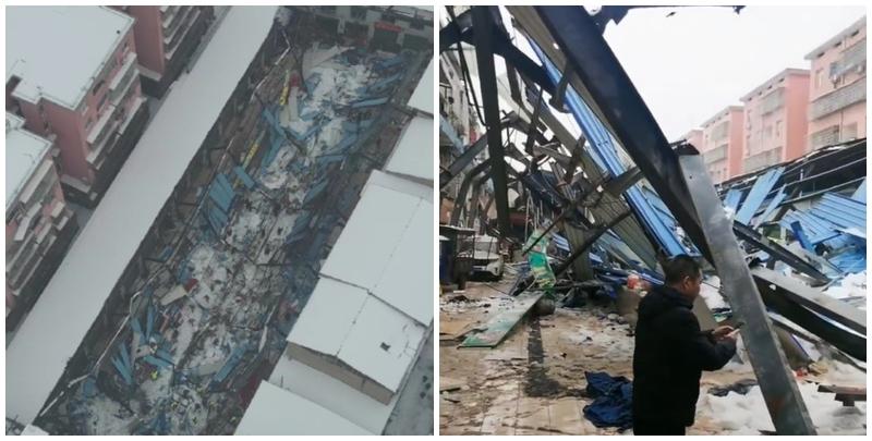  湖南省益陽市南縣一個菜市場，今日(5日)早上因積雪發生坍塌。(微博)