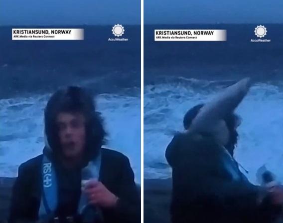 狂風下，記者在海邊做直播時慘遭「飛魚」打臉。(互聯網)