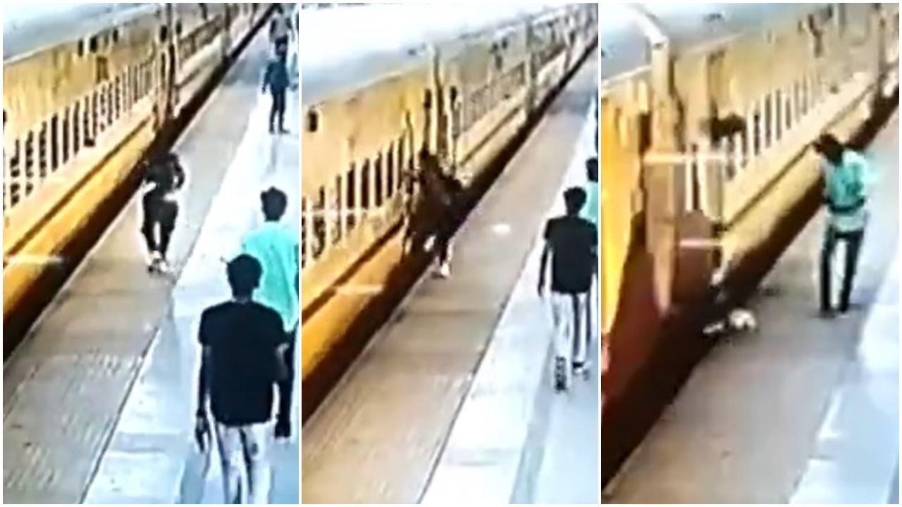 莽女強登行駛中火車，不慎跌入月台罅被捲落路軌。(X)