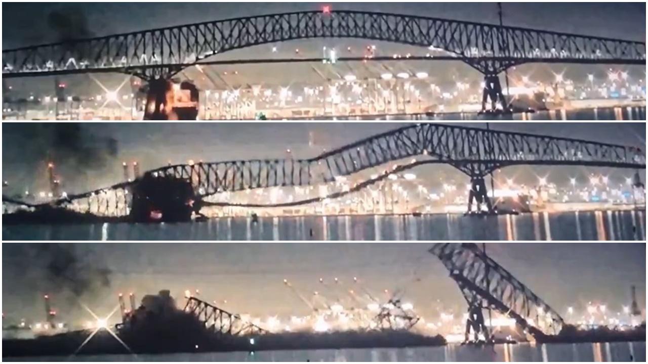 美國巴爾的摩大橋遭貨船撞毀倒塌。(X)