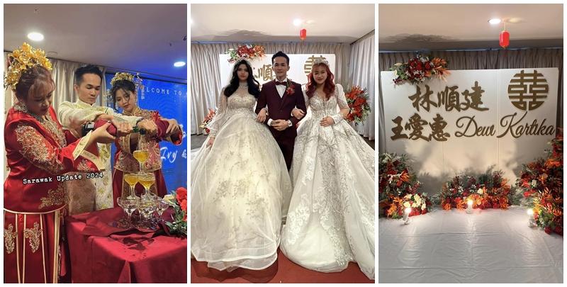  馬來西亞一名華裔男子享齊人之福，竟然一次迎娶兩名新娘，三人在同一間酒樓擺酒宴客，照片在社交媒體上流傳，引起網民熱議。（facebook）