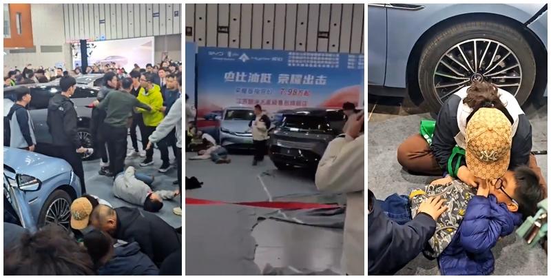2024南京國際新能源汽車展覽會有參展車輛突然啟動撞傷5人。極氪汽車回應稱，因參展車輛管理失誤，未按規定開啟展車模式，導致現場5名觀眾被撞傷。（影片截圖）