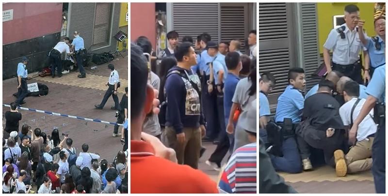 一名街頭歌手周日（24日）下午約4時在旺角朗豪坊對開演唱時，被多名警員包圍制服。