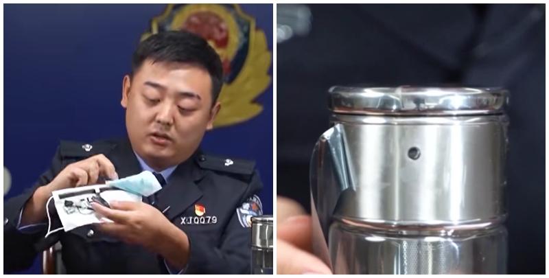 內地有跨省不法集團利用口罩和水杯等物品，改造成為考試「作弊神器」，從不同角度偷拍試卷題目作弊(央視截圖)