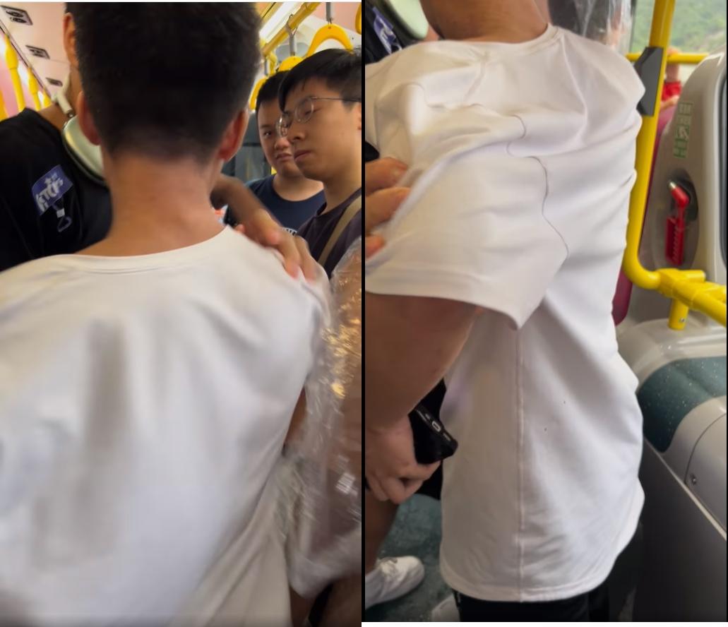 九巴車廂內一名眼鏡男與白衫巴士迷爆發罵戰。（ 「是日快快-巴士即日相」FB 影片截圖）