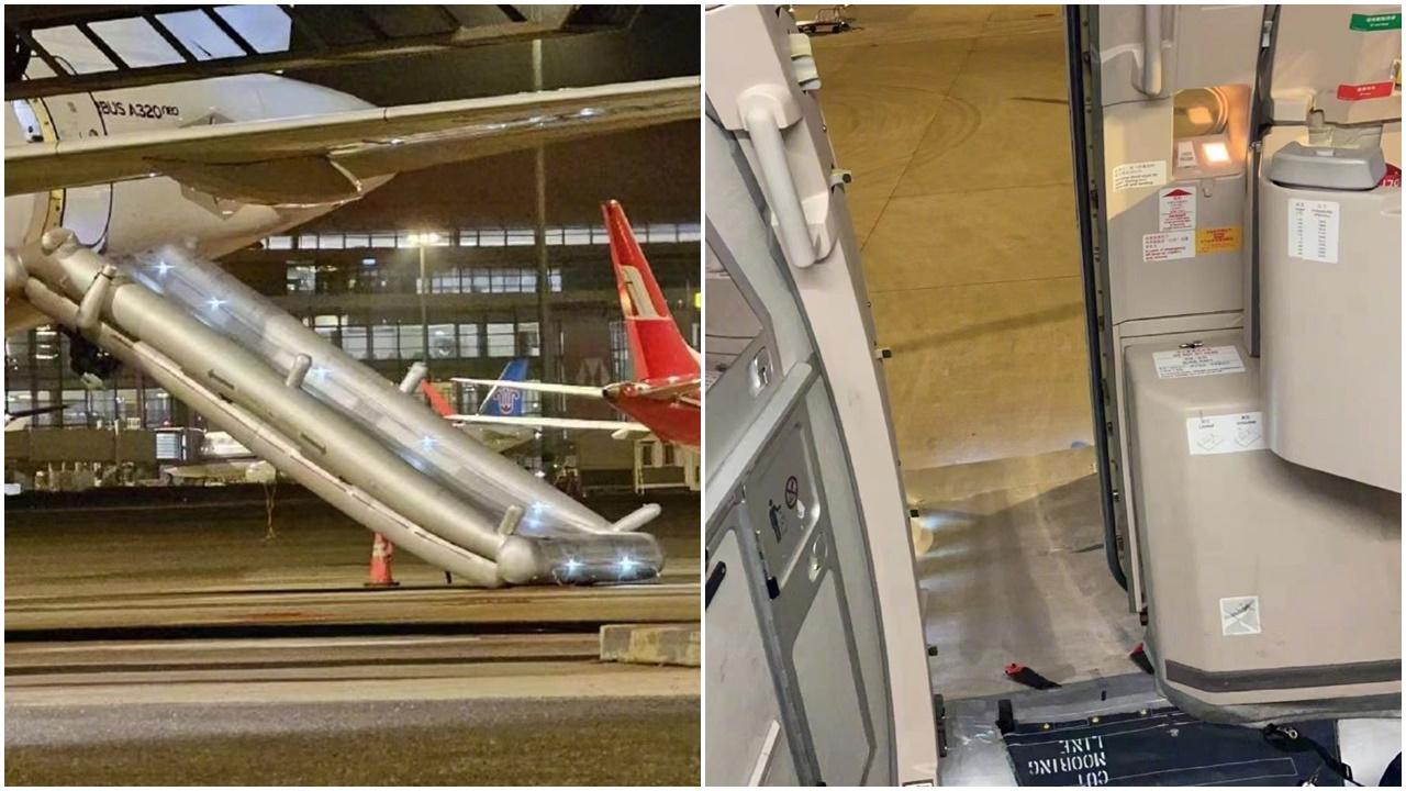 東航客機疑因機組人員生矛盾，導致緊急滑梯打開。(微博)