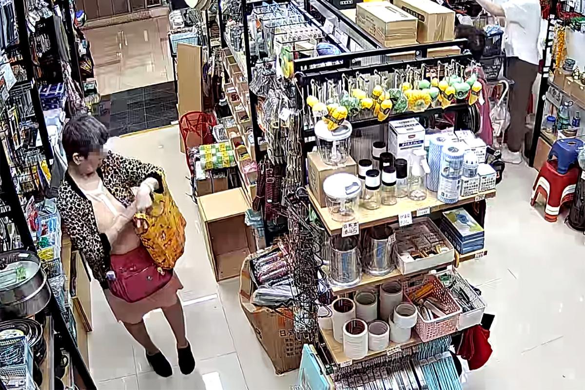 將軍澳一間家品店被一名女子盜取環保袋，全程被店內閉路電視拍下。(網上影片截圖)