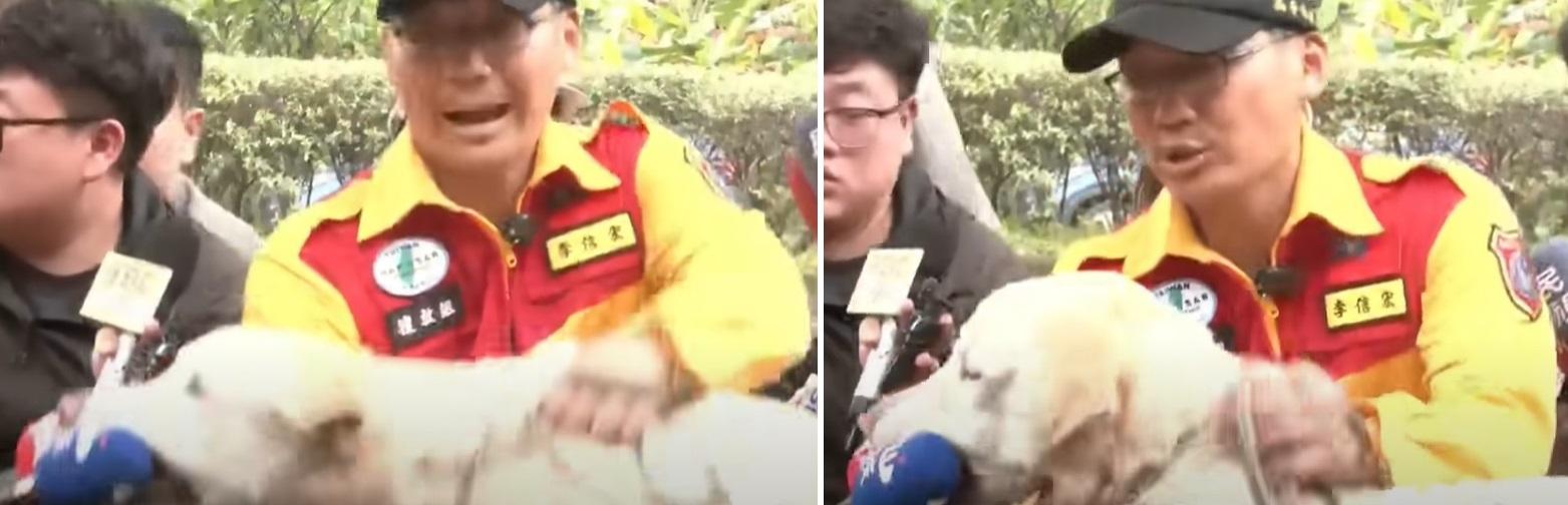 Roger陪同領犬員李信宏受訪，期間突然一口咬著記者的咪高峰，場面惹笑。(互聯網)