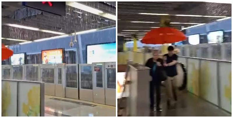 港鐵石門站成為「水舞間」，月台上蓋天花多處漏水(馬路的事討論區FB)