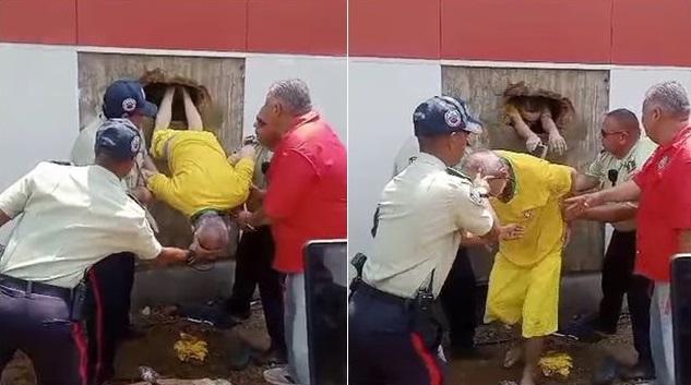 警員逐一協助囚犯鑽出小洞。(互聯網)