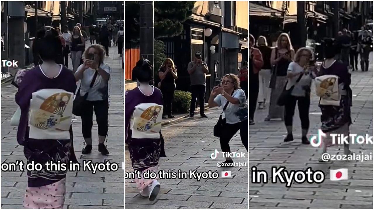 無禮大媽衹園狂拍舞妓，其他遊客都睇唔過眼。(X)