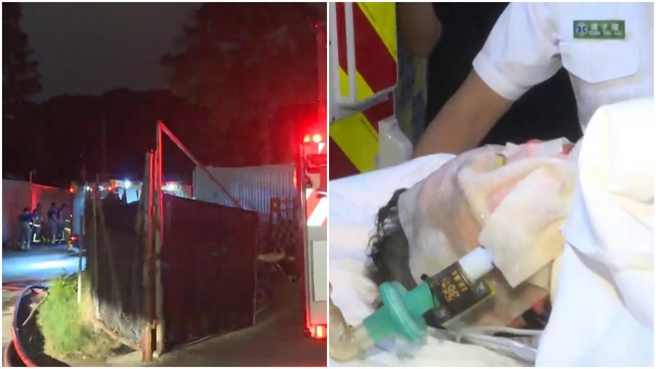 元朗膠管廠三級火逾160名消防灌救，男工救火身體逾50%燒傷。(電視截圖)