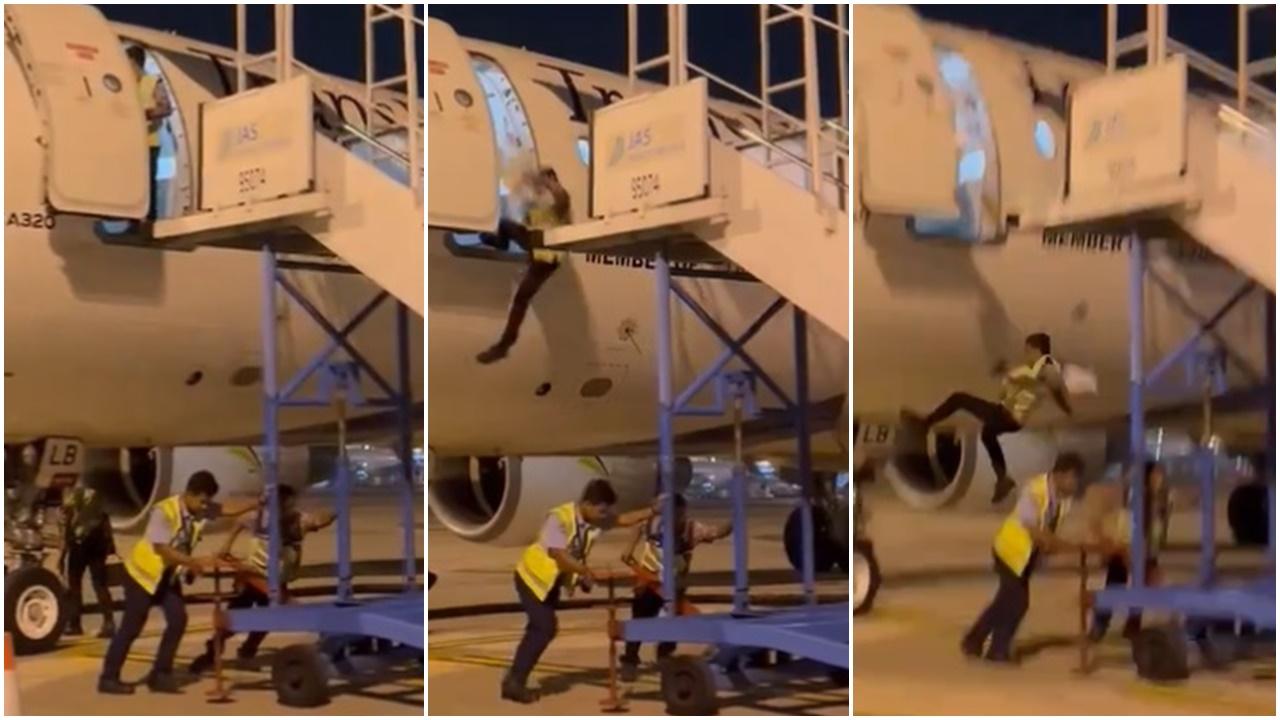 飛機舷梯被移走，地勤踏空慘由機艙墮地。(X)