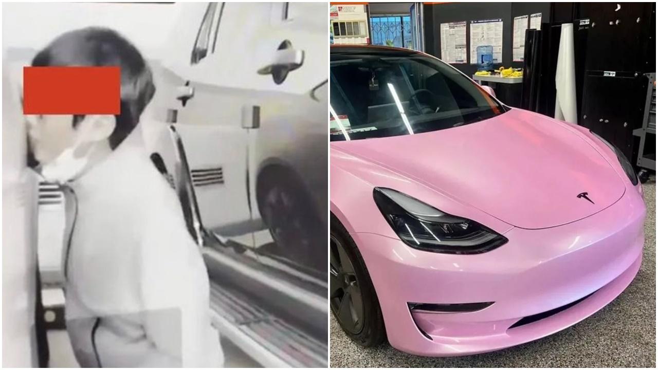 韓男見粉紅Tesla狂摸狂錫，車主崩潰：竟「姦車」3小時。(Qoo)