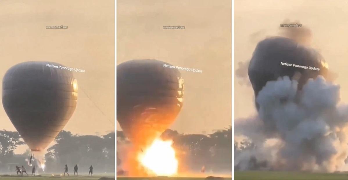 村民在熱氣球下點燃4串炮仗，瞬間引發大爆炸，場面震撼。(互聯網)