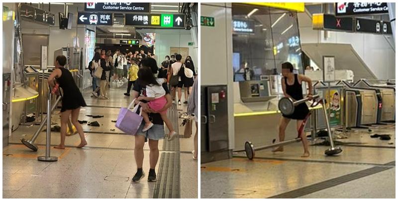 社交平台流傳5月1日港鐵觀塘站，一名短裙女子舉起排隊用的欄杆座敲擊站內客務中心。港鐵報警處理，警員到場將該女子送往醫院。 來源：網民車干