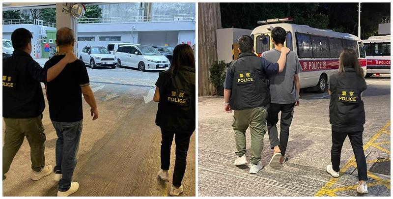 警方於葵涌及油麻地拘捕兩名男子，涉嫌刑毀荃灣二陂坊兩間麻雀會所，正被扣留調查。警方繼續調查案件及追緝其他涉案人士。(警方提供)