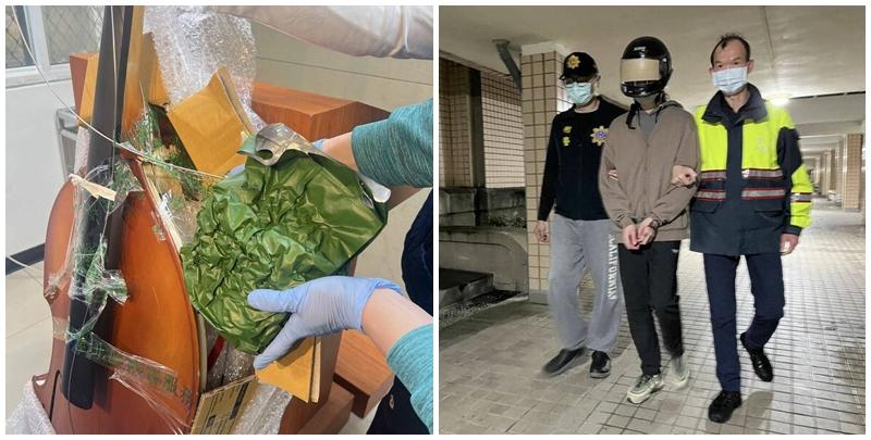 桃園機場的海關及航警發現其托運行李影像可疑，在疑犯領取行李時對其截查，發現大提琴內夾藏第二級毒品大麻花共10.1公斤，市值新台幣上千萬元。