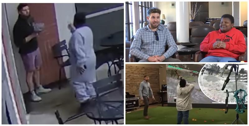 美國路易斯安那州一名億萬富翁以為公寓大樓火災匆忙逃離，衣衫凌亂的他被一名9歲男童誤認為流浪漢，送出身上僅有的1美元，此誤會造成的「暖心舉動」讓富翁決定「報恩」，讓男童去旗下的戶外運動用品店40秒內免費任拎貨品，二人亦成了朋友。(影片截圖)