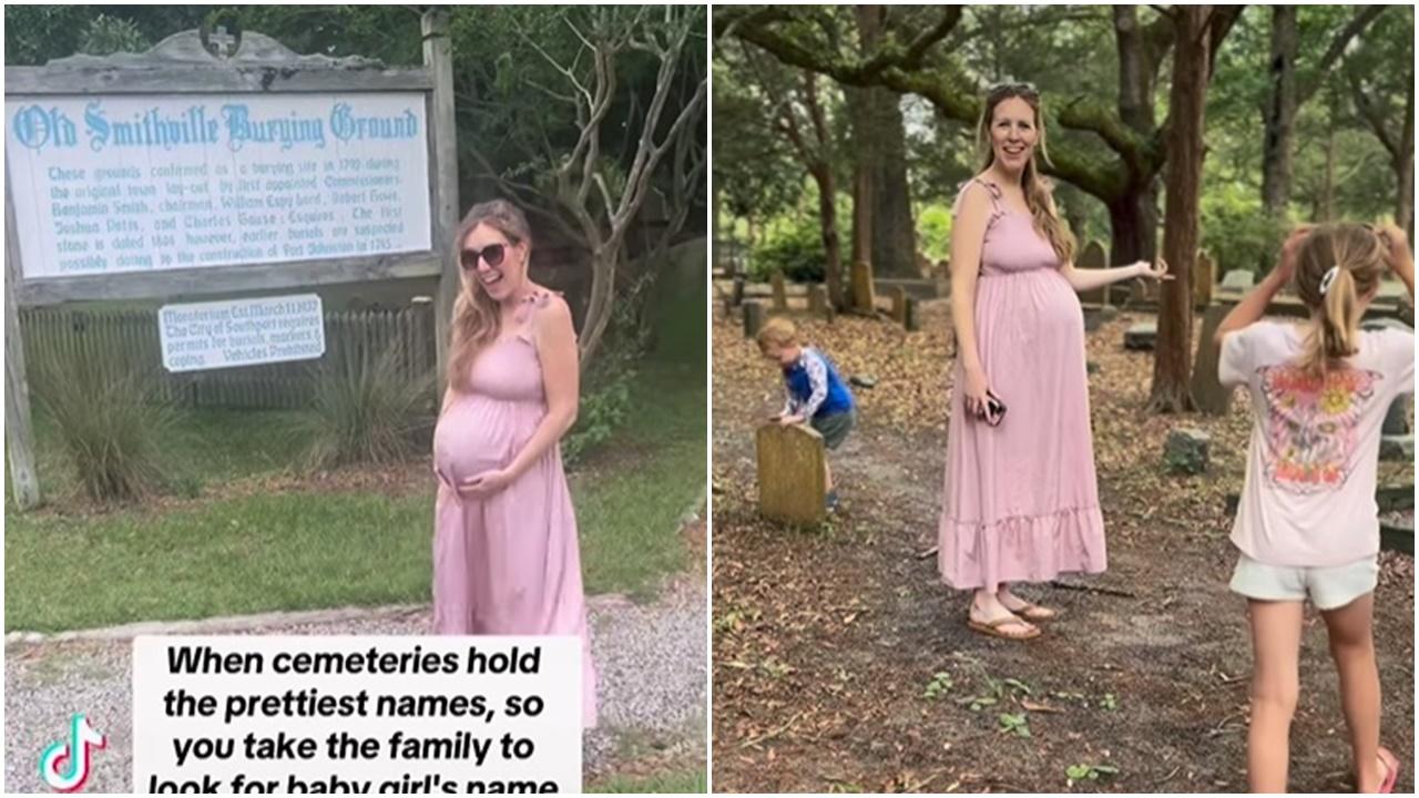 美國孕婦帶子女到墳場攞靈感，盼幫胎中女兒改名。(IG)