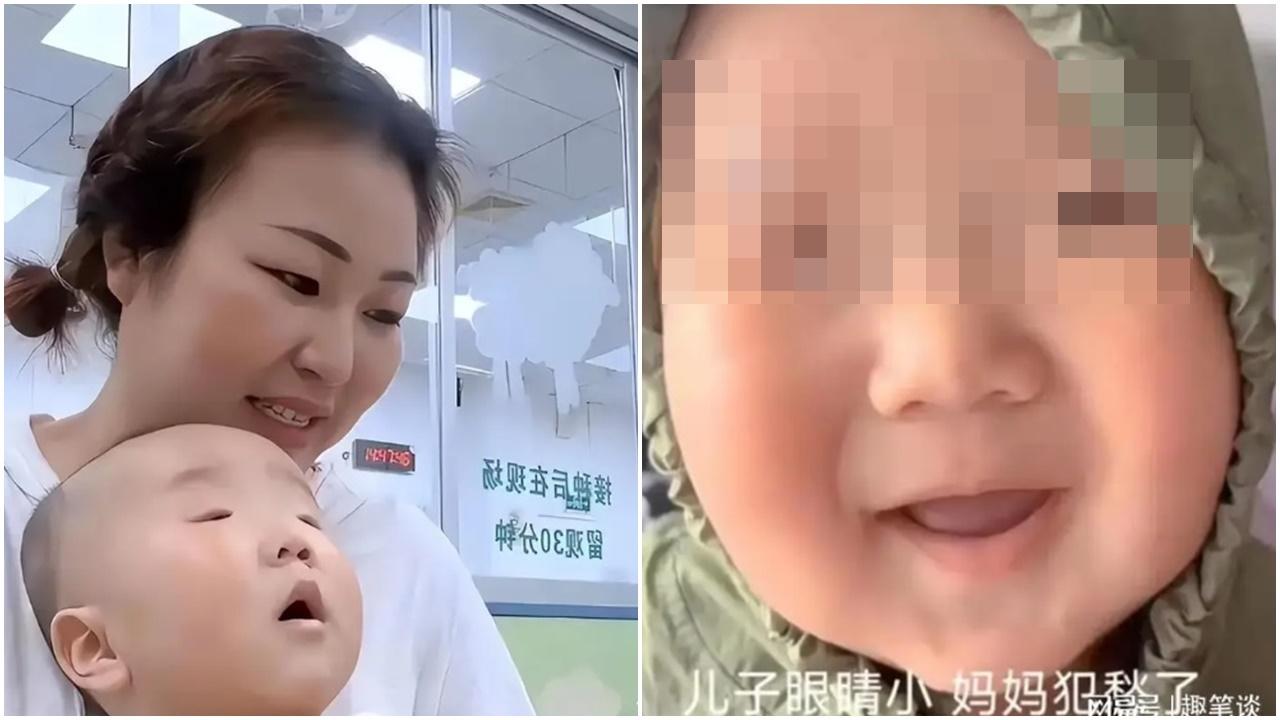 湖北人母慨嘆兒子眼睛太細，網民急勸快去求醫。(微博)